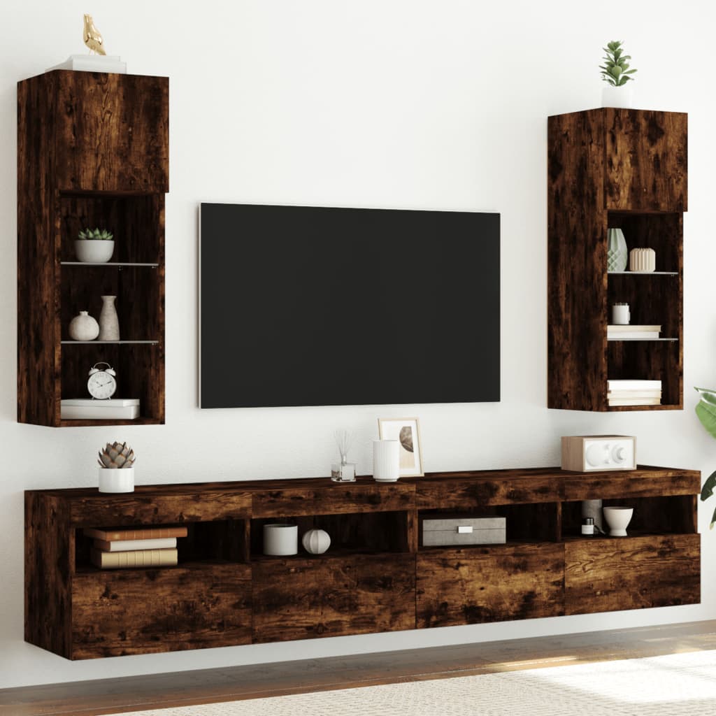 Tv-bänk med LED-belysning 2 st rökfärgad ek 30,5x30x90 cm
