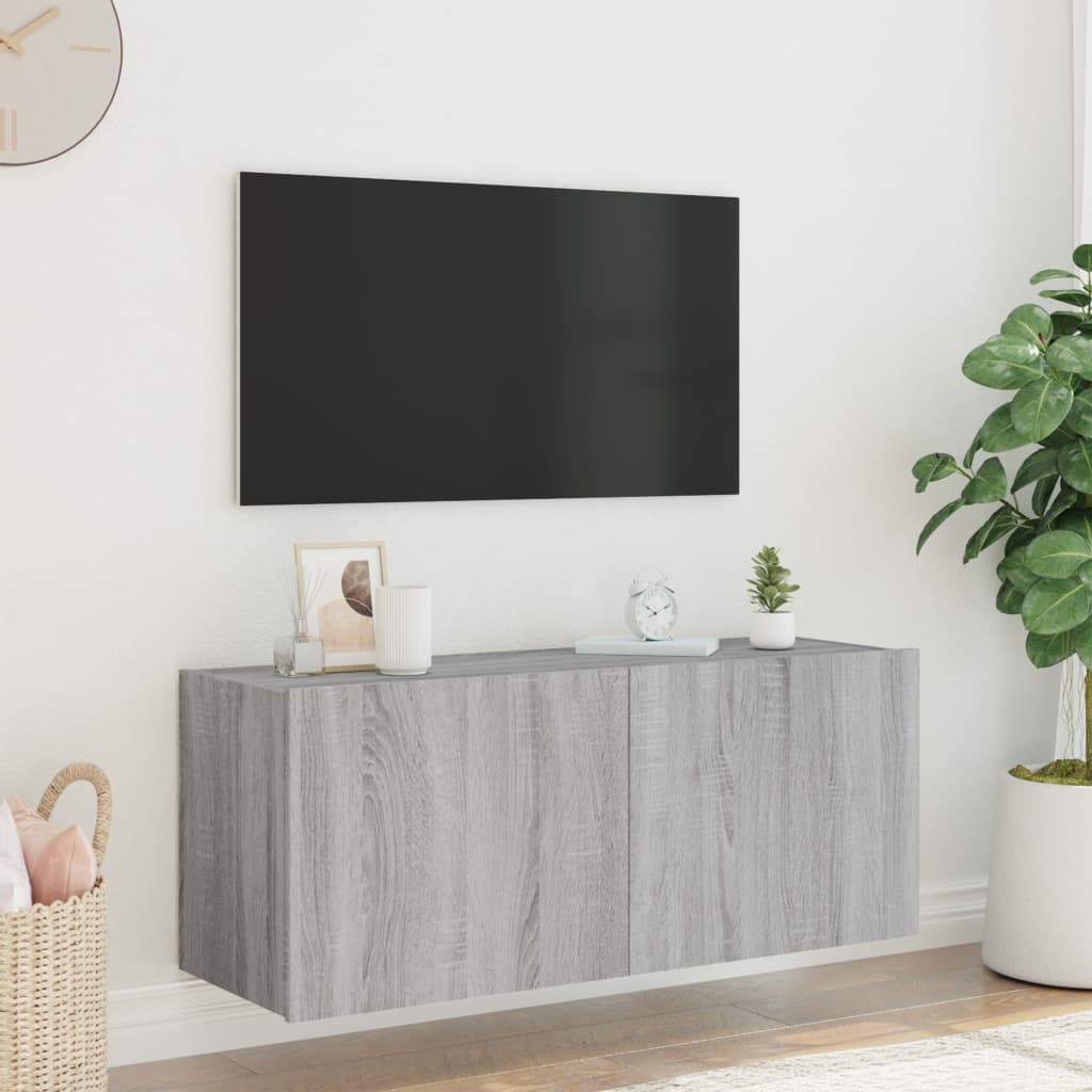 TV-Möbel Sonoma Grå Väggmonterad TV-Bänk LED 100x35x41 cm
