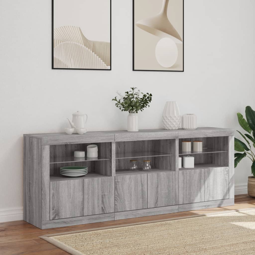 Skänk med LED-belysning grå sonoma 181,5x37x67 cm