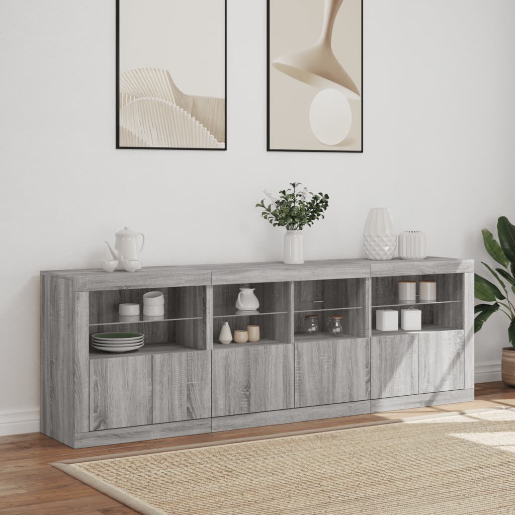 Skänk med LED-belysning grå sonoma 202x37x67 cm