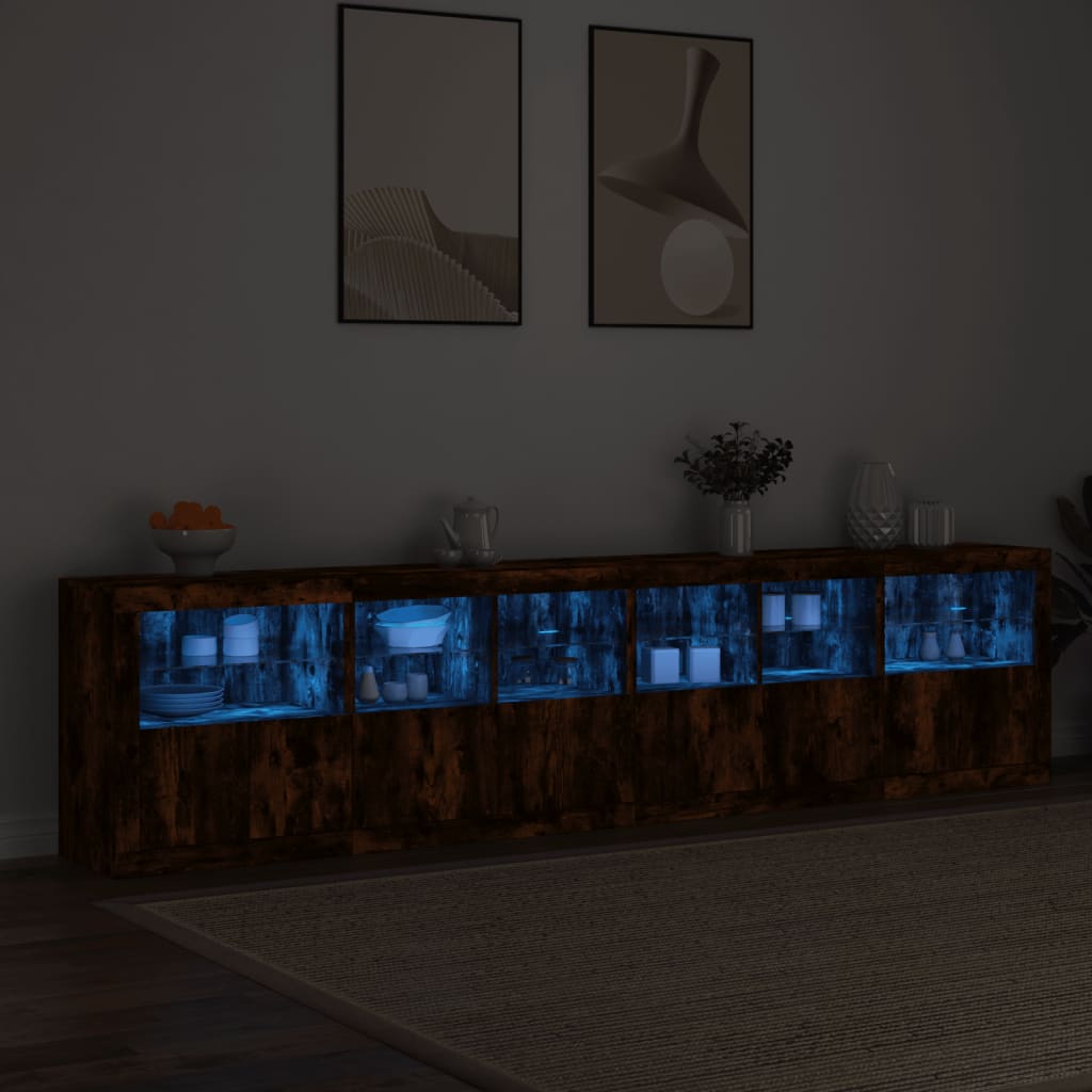 Skänk med LED-belysning rökfärgad ek 283x37x67 cm