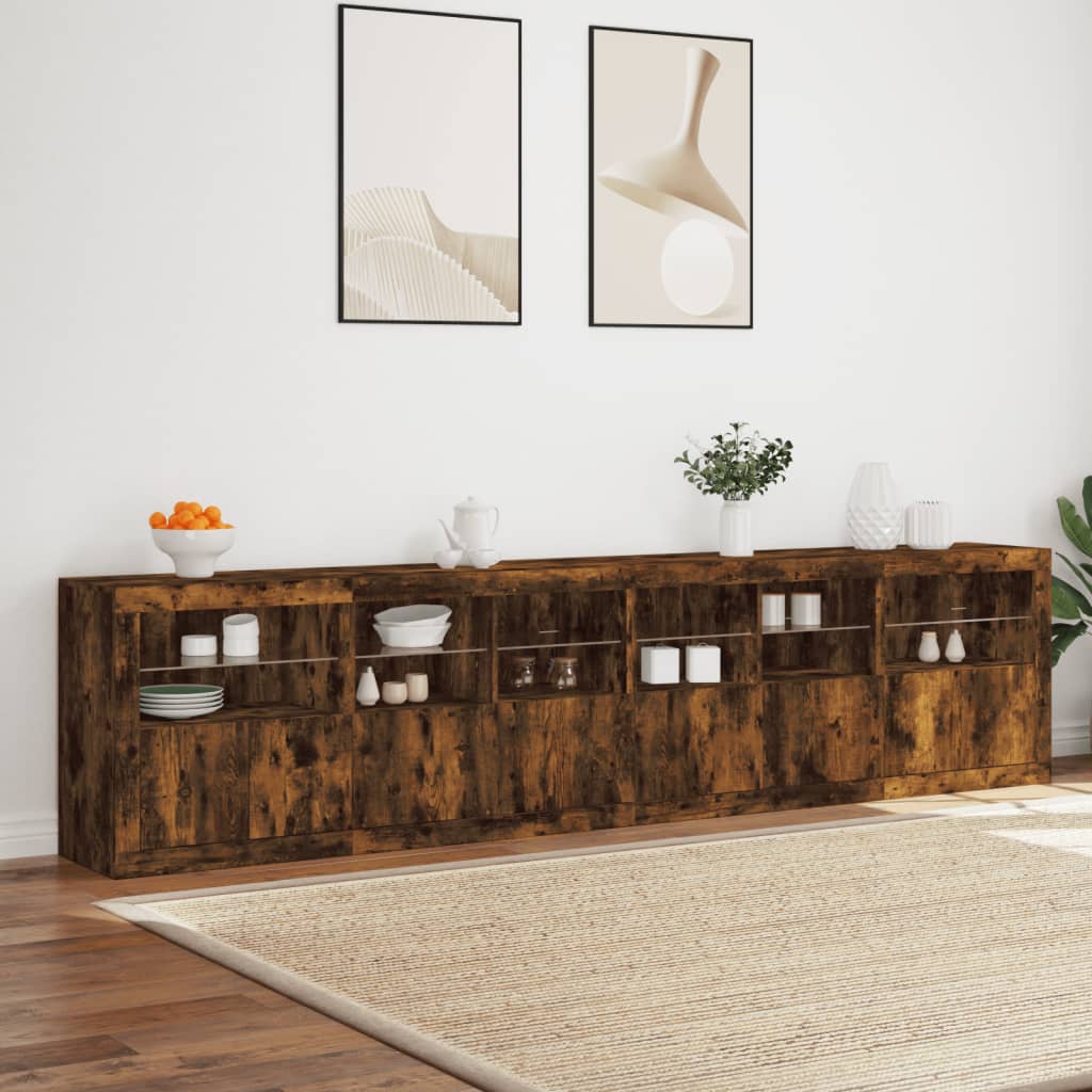 Skänk med LED-belysning rökfärgad ek 283x37x67 cm