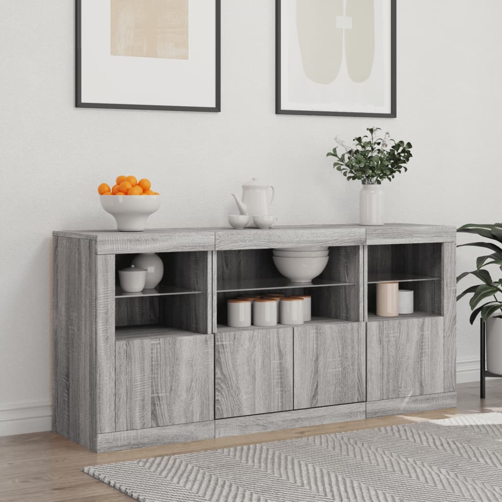 Skänk med LED-belysning grå sonoma 142,5x37x67 cm