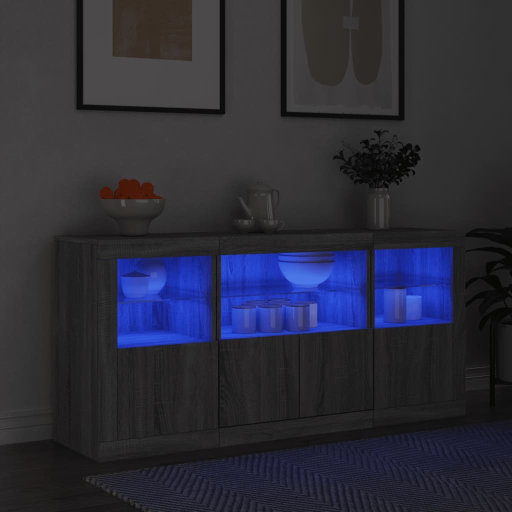 Skänk med LED-belysning grå sonoma 142,5x37x67 cm