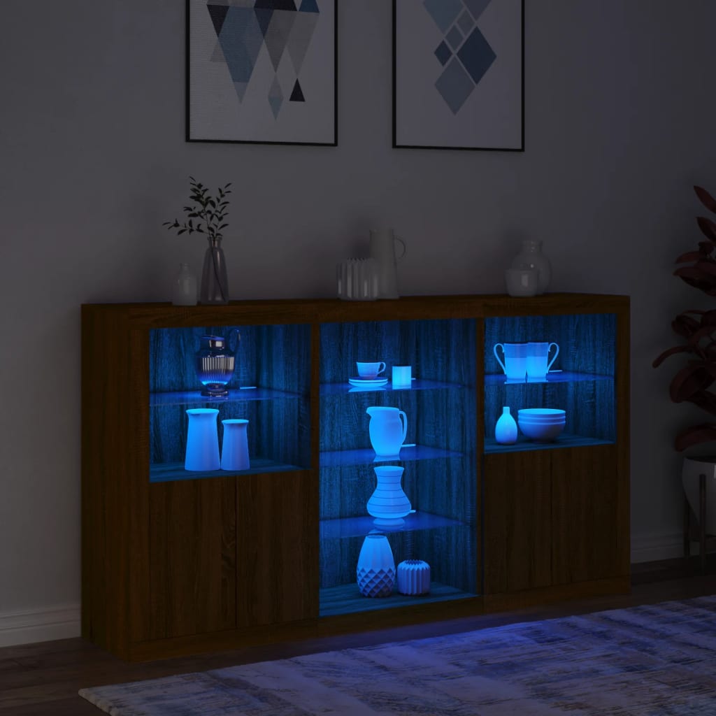 Skänk med LED-belysning brun ek 181,5x37x100 cm