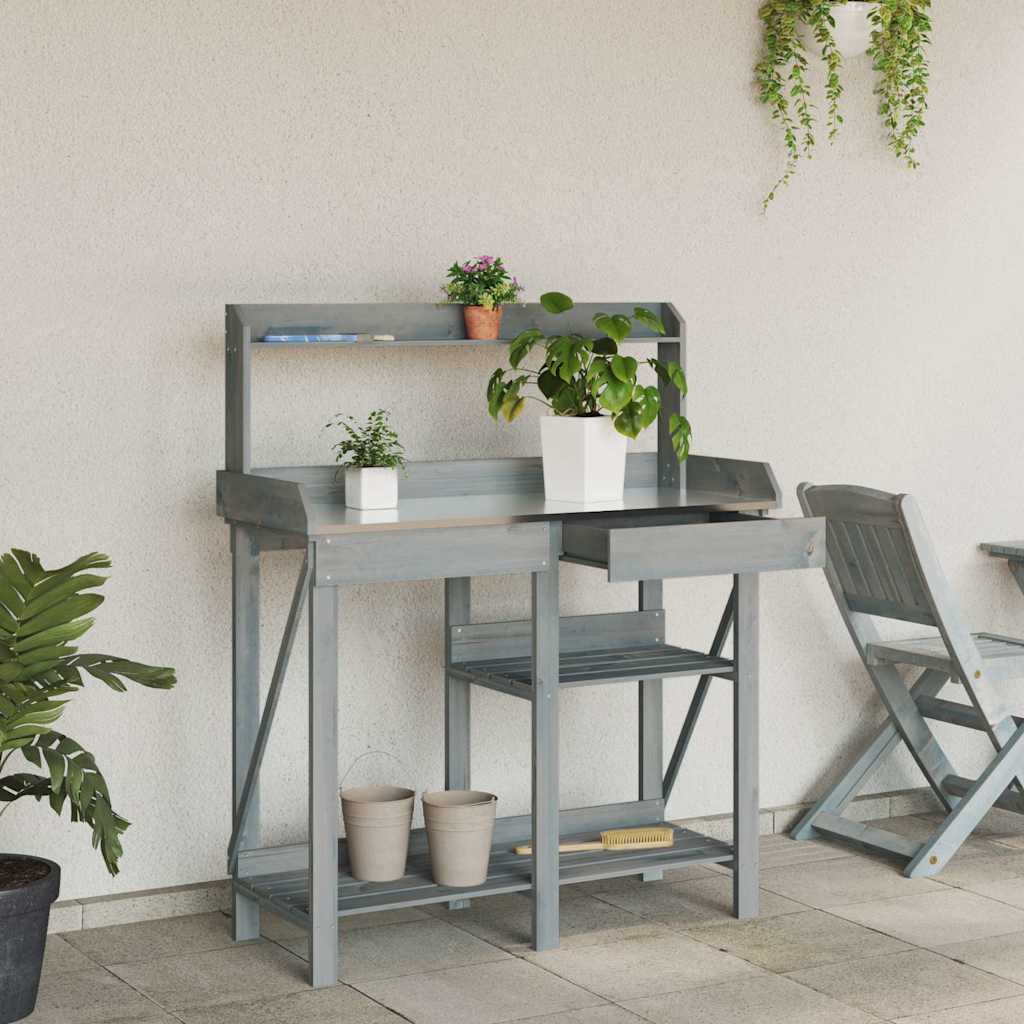 Utomhus Blomställning Planteringsbord Odlingsbänkmed hyllor Grå massivt granträ