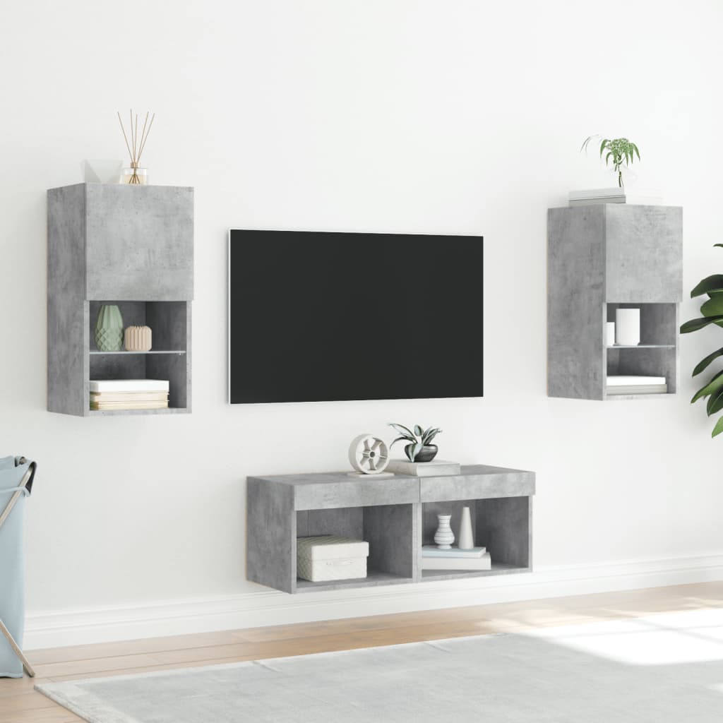Väggmonterade TV-skåp 4 delar med LEDs betonggrå
