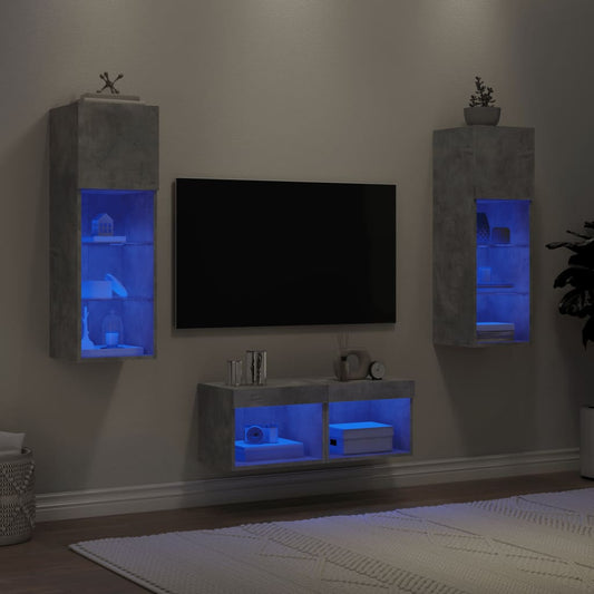 Väggmonterade TV-skåp 4 delar LEDs betonggrå