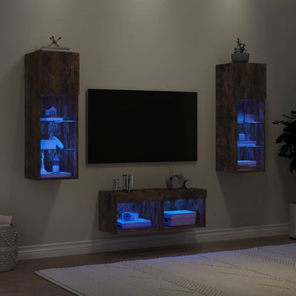 Väggmonterade tv-skåp 4 delar med LEDs rökfärgad ek