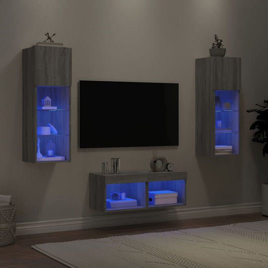 Väggmonterade tv-skåp 4 delar med LEDs grå sonoma
