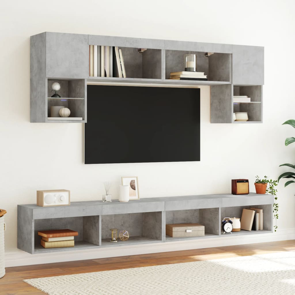 Tv-bänk 6 delar LED betonggrå konstruerat trä
