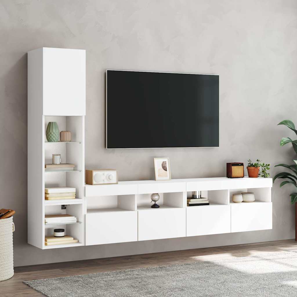 Tv-bänk 4 delar LED vit konstruerat trä