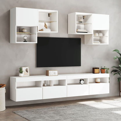 Väggmonterade tv-skåp 6 delar med LEDs vit