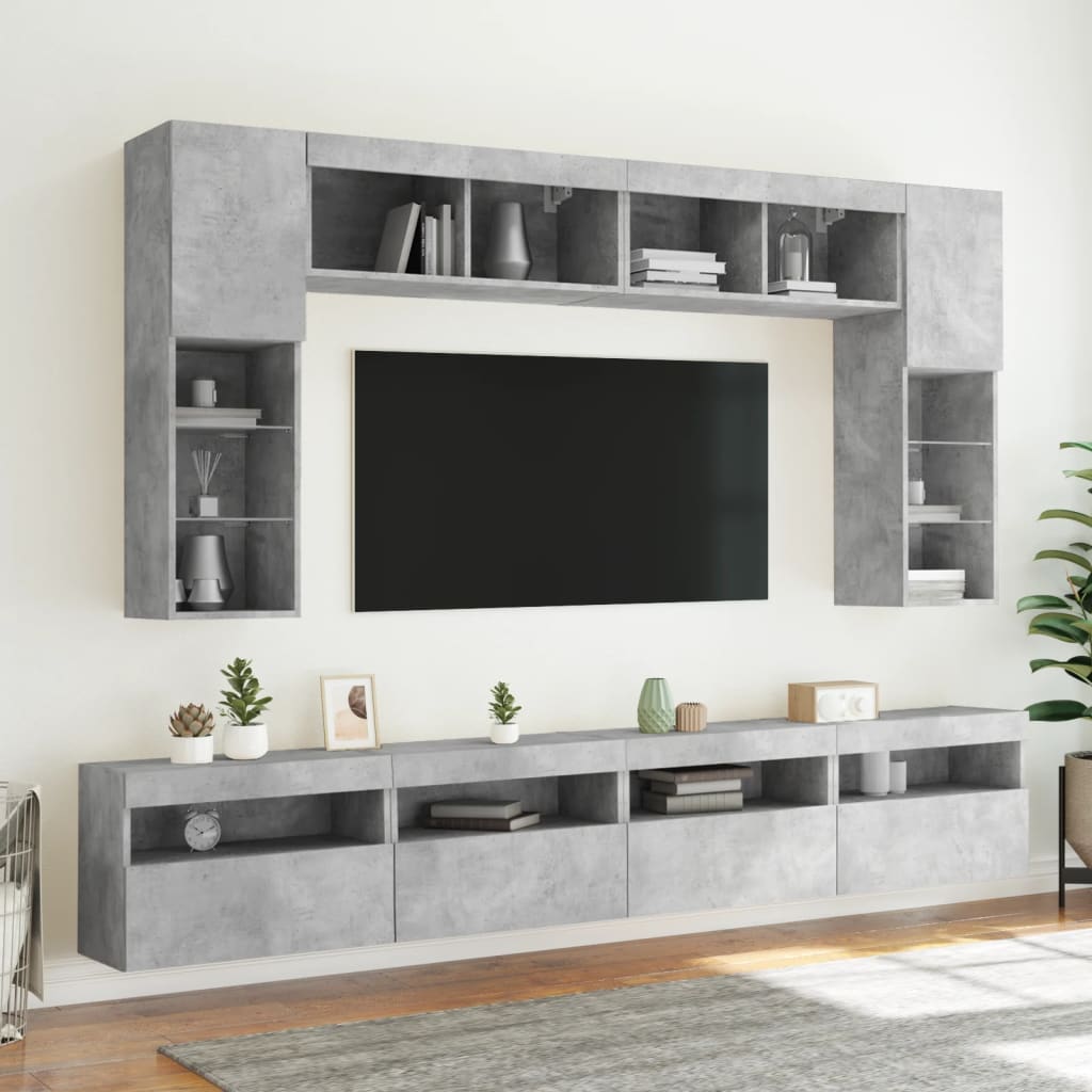 Väggmonterade tv-skåp 8 delar med LEDs betonggrå