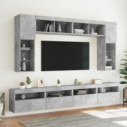 Väggmonterade tv-skåp 8 delar med LEDs betonggrå