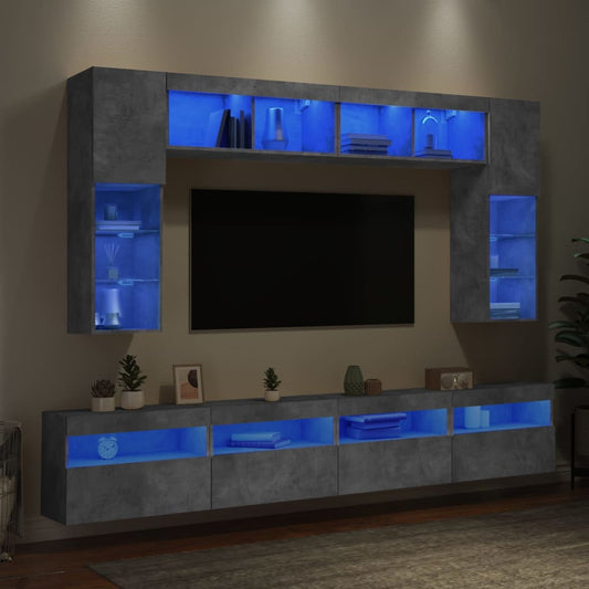 Väggmonterade tv-skåp 8 delar med LEDs betonggrå