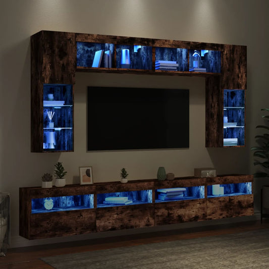 Väggmonterade tv-skåp 8 delar med LEDs rökfärgad ek