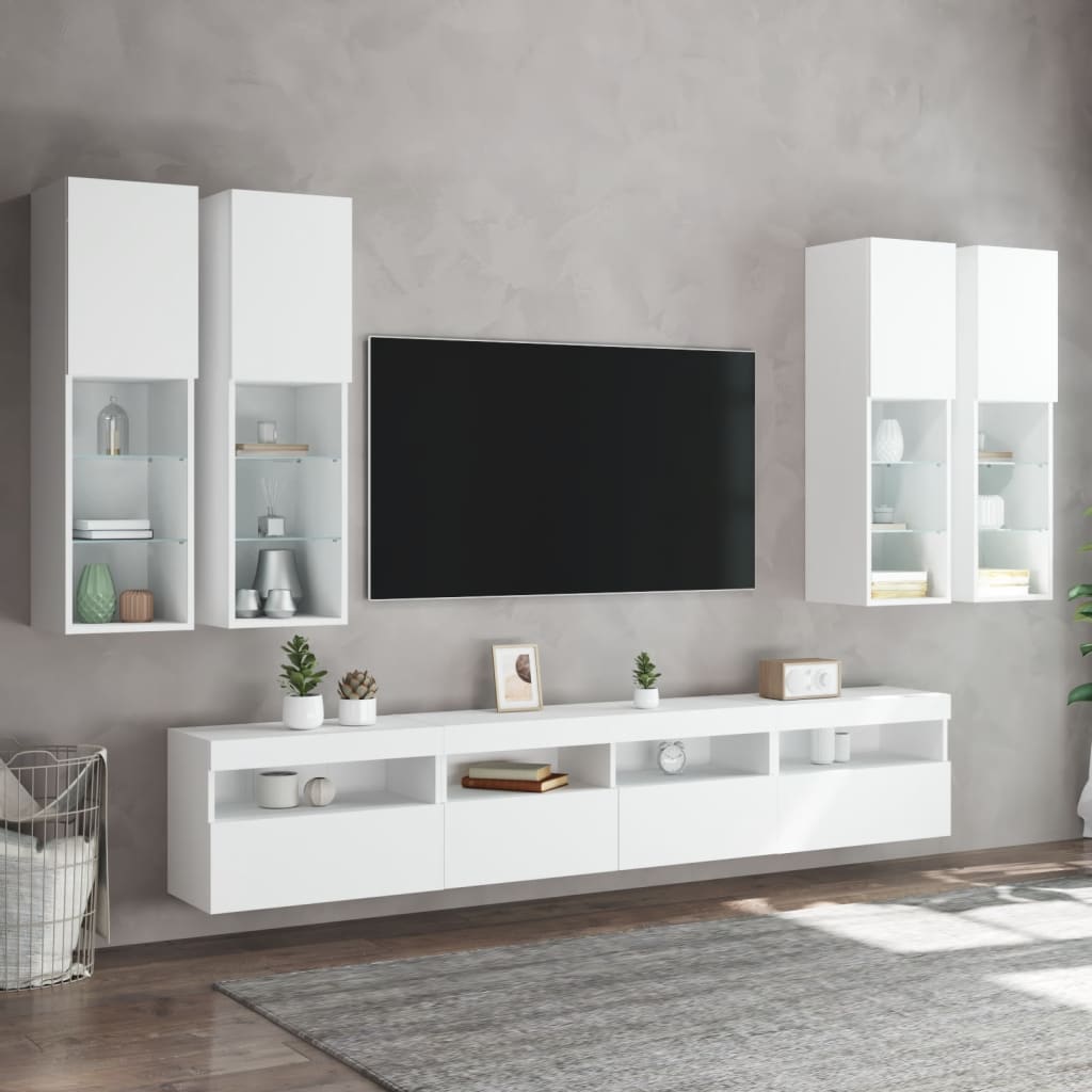 Väggmonterade tv-skåp 7 delar med LEDs vit