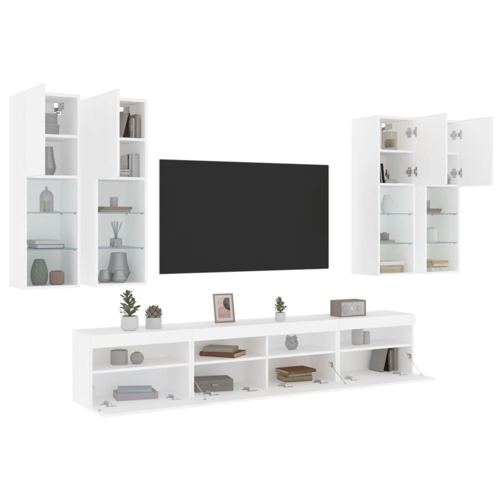 Väggmonterade tv-skåp 7 delar med LEDs vit