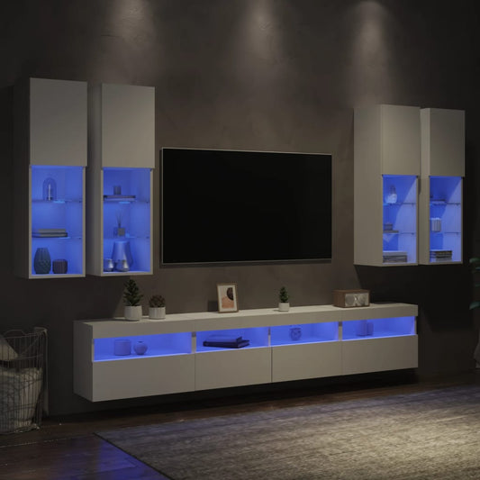 Väggmonterade tv-skåp 7 delar med LEDs vit