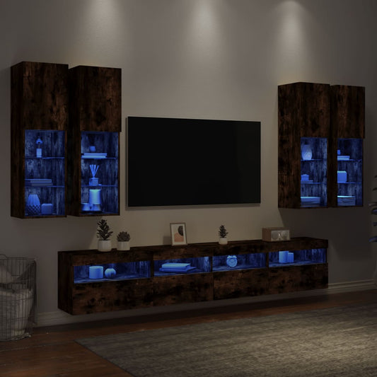 Väggmonterade tv-skåp 7 delar med LEDs rökfärgad ek