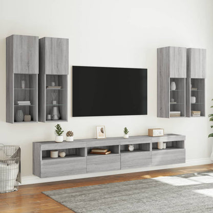 Väggmonterade tv-skåp 7 delar med LEDs grå sonoma