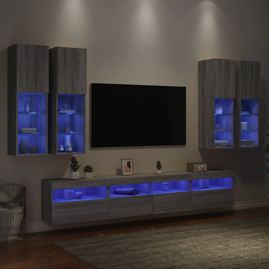 Väggmonterade tv-skåp 7 delar med LEDs grå sonoma