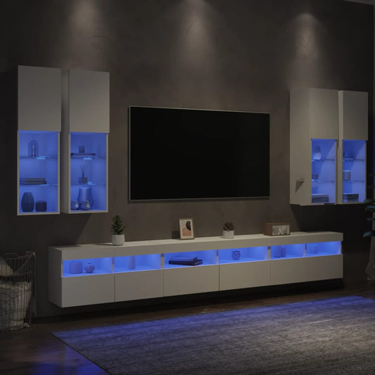 Väggmonterade tv-skåp 7 delar med LEDs vit