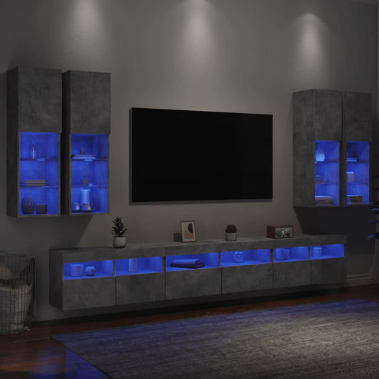 Väggmonterade tv-skåp 7 delar med LEDs betonggrå