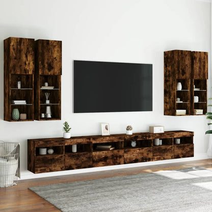 Väggmonterade tv-skåp 7 delar med LEDs rökfärgad ek