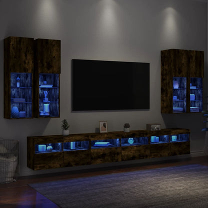 Väggmonterade tv-skåp 7 delar med LEDs rökfärgad ek