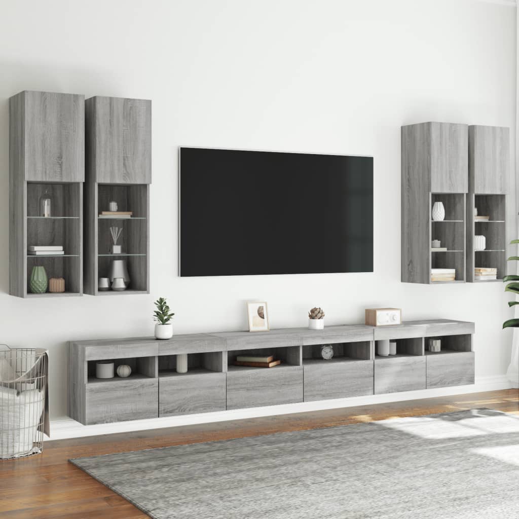 Väggmonterade tv-skåp 7 delar med LEDs grå sonoma
