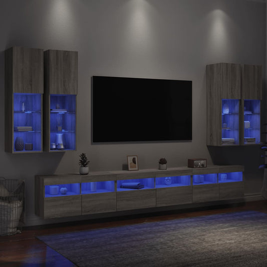 Väggmonterade tv-skåp 7 delar med LEDs grå sonoma