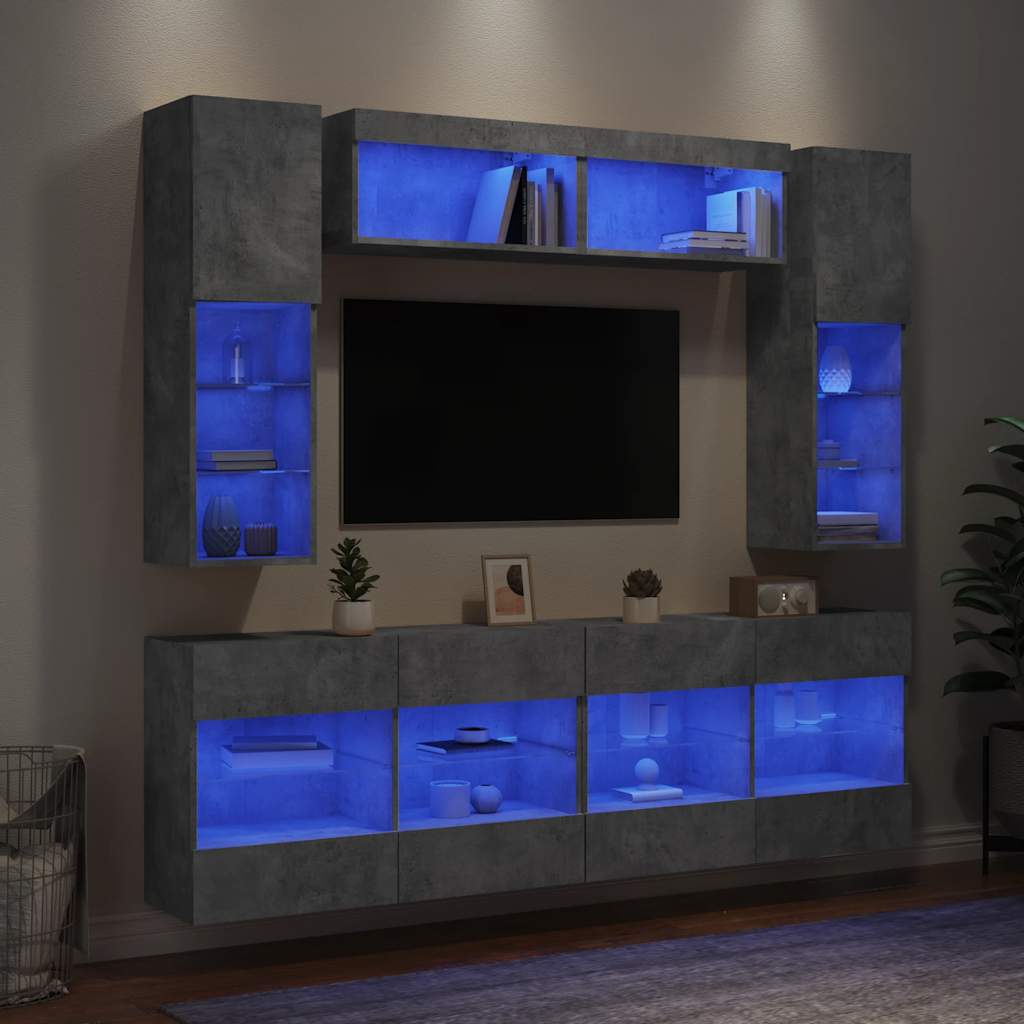 Väggmonterade tv-skåp 6 delar med LEDs betonggrå