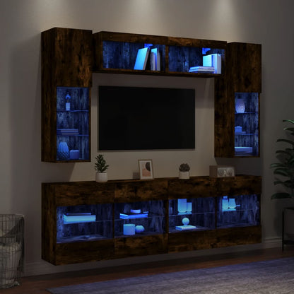 Väggmonterade tv-skåp 6 delar med LEDs rökfärgad ek