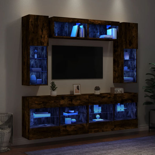 Väggmonterade tv-skåp 6 delar med LEDs rökfärgad ek