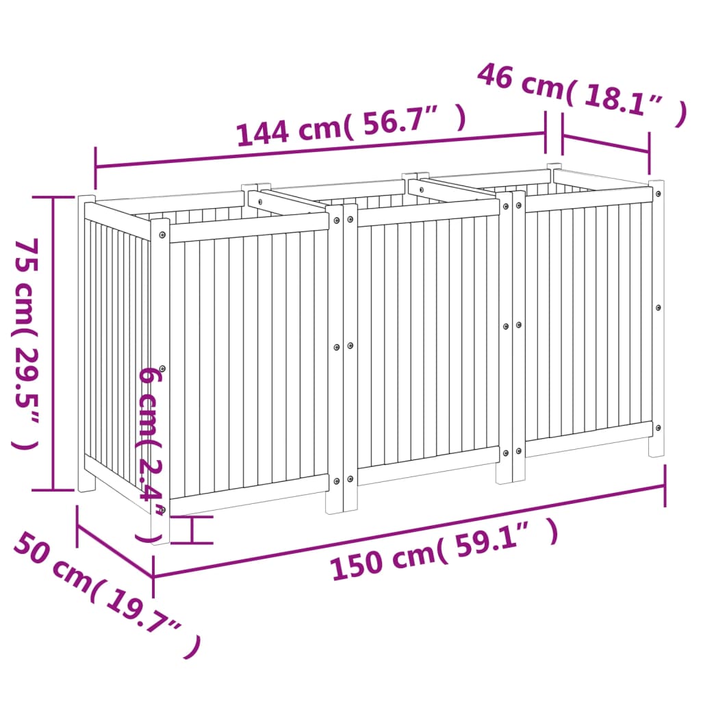 Utomhus Blomkruka Trä med foder 150x50x75 cm massivt akaciaträ