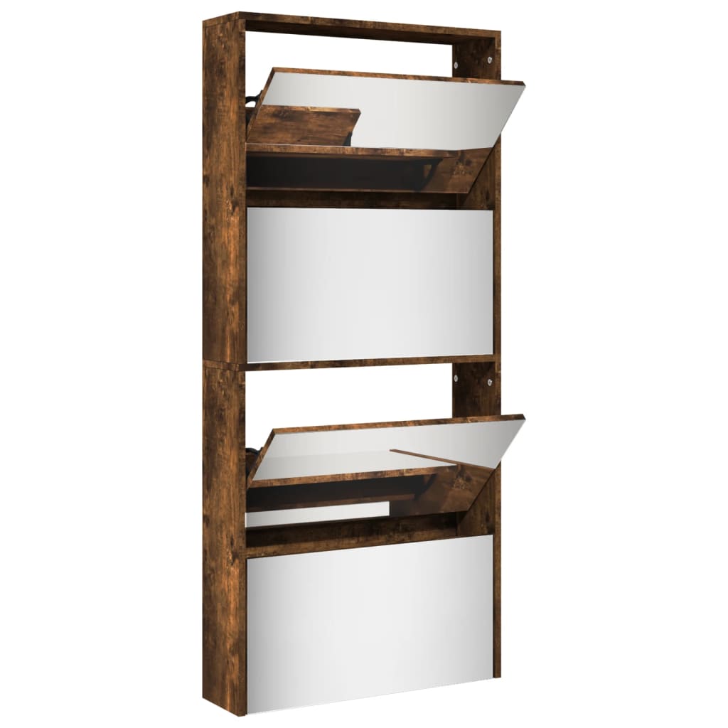 Skoställ Rökfärgad Ek Skoskåp med spegel 4 skåp 63x17x134 cm