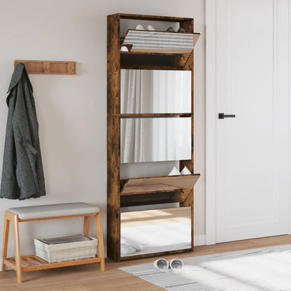 Skoställ Rökfärgad Ek Skoskåp med spegel 5 skåp 63x17x169,5 cm