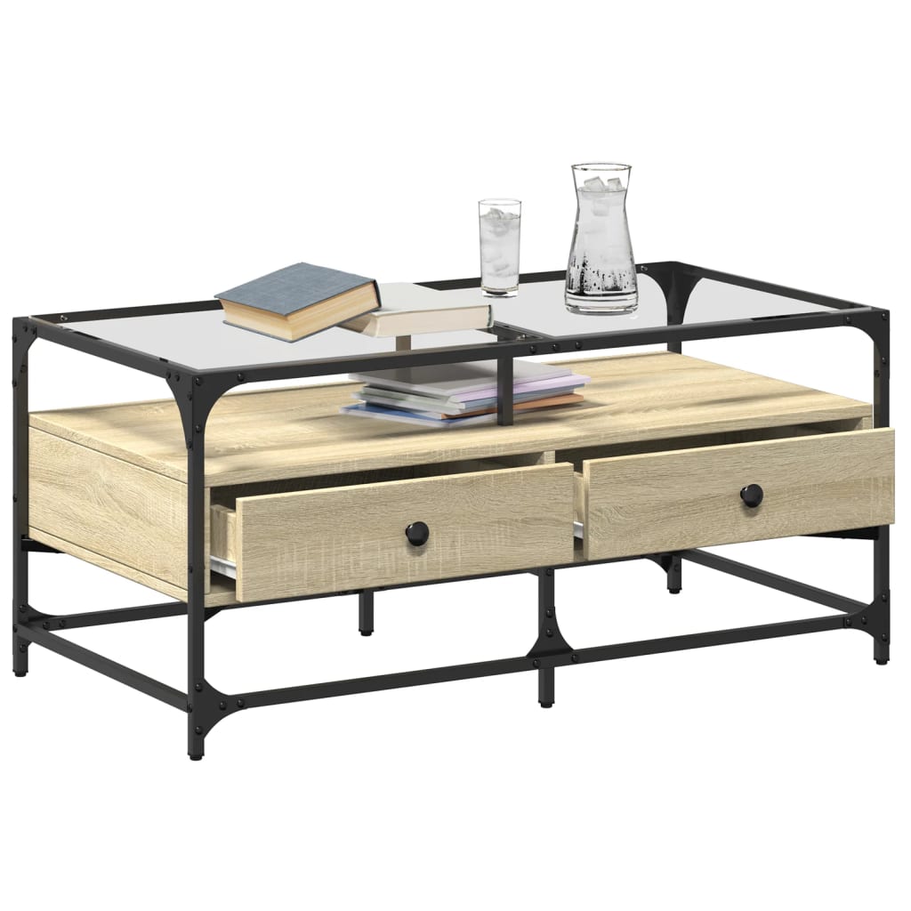 Soffbord Sonoma Ek med glasskiva 98,5x50x45 cm stål