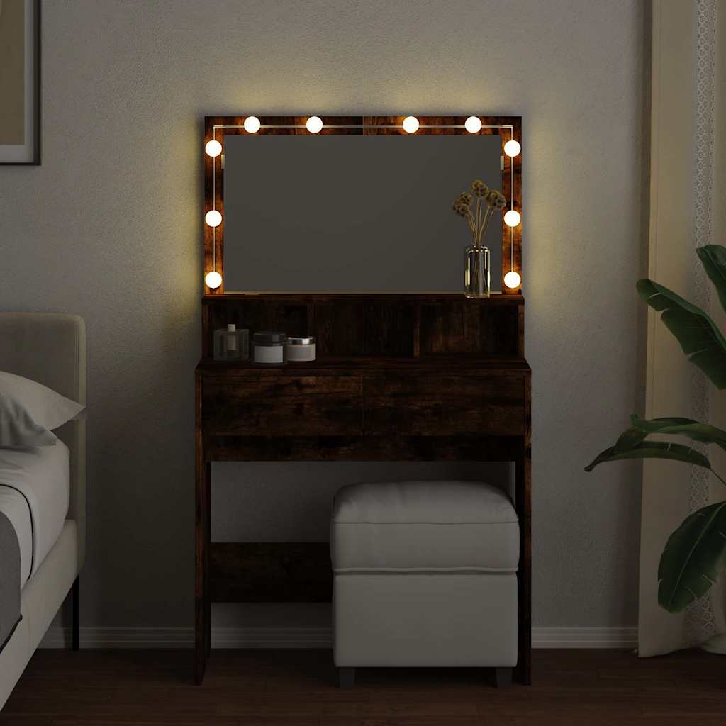 Sminkbord med LEDs rökfärgad ek 80x41x134,5 cm