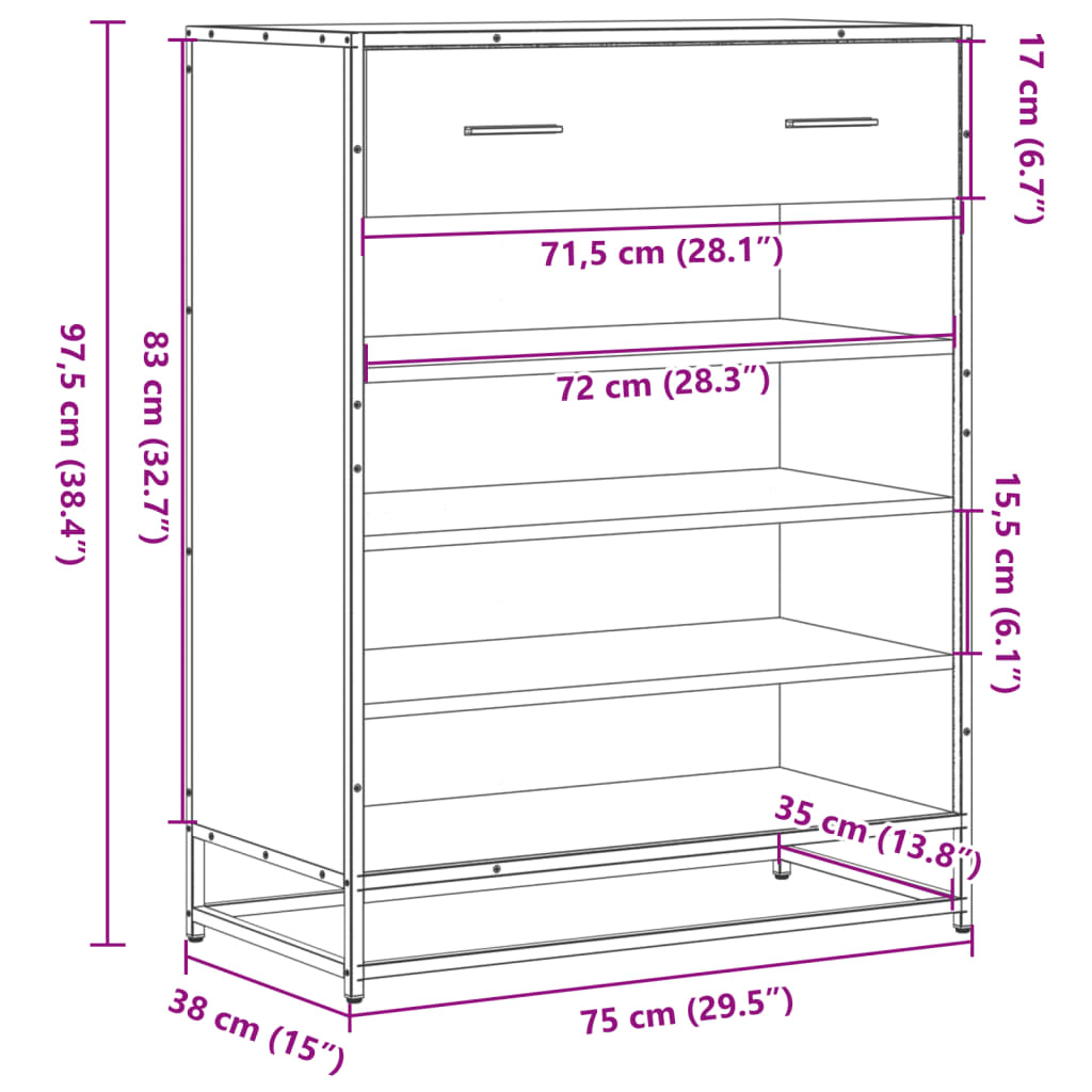 Skoställ Sonoma Ek Skoskåp 75x38x97,5 cm och metall