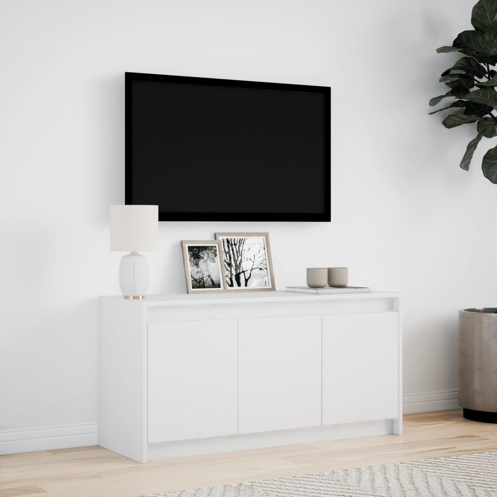 Tv-bänk med LEDs vit 100x34x50 cm konstruerat trä