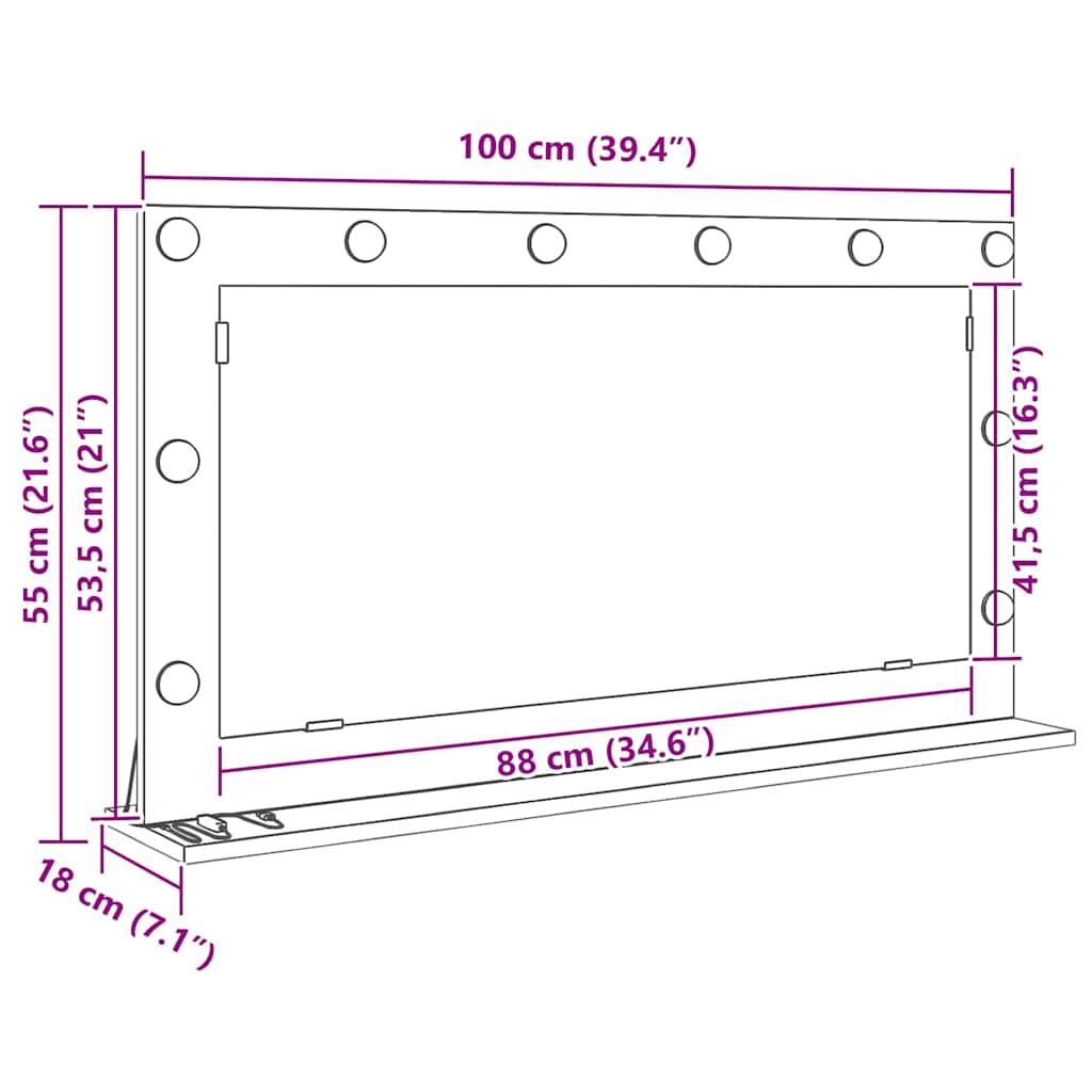 Smink Spegel med LED -remsljus Sonoma-ek 100 x 55 x 18 cm