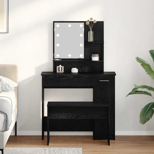 LED Sminkbord Set med låda 2 pcs Svart Ek Konstruerat trä
