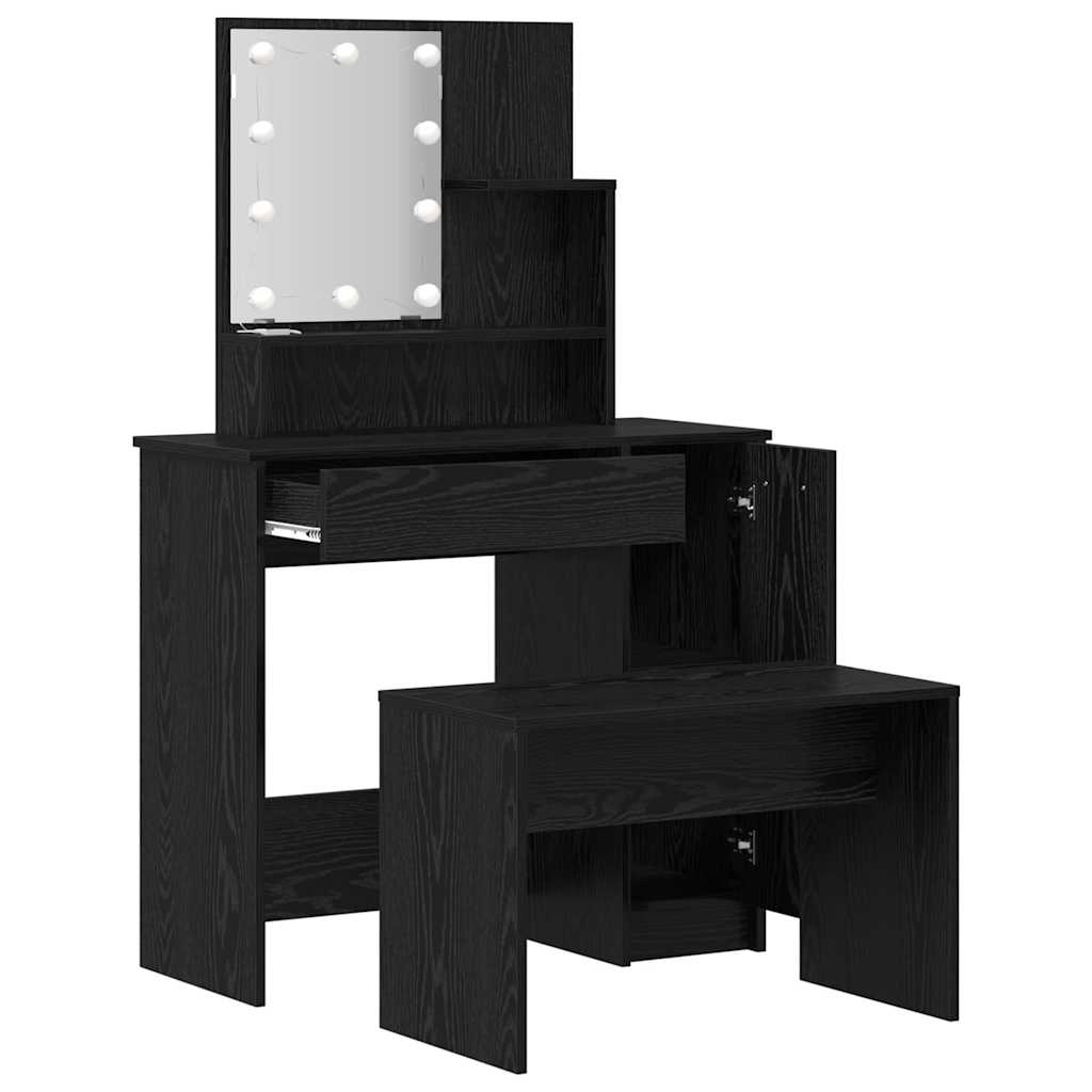 LED Sminkbord Set med låda 2 pcs Svart Ek Konstruerat trä