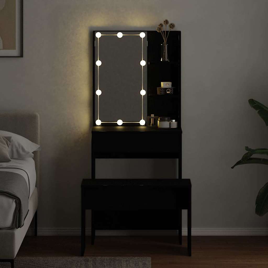 LED Sminkbord Set med låda 2 pcs Svart Ek Konstruerat trä
