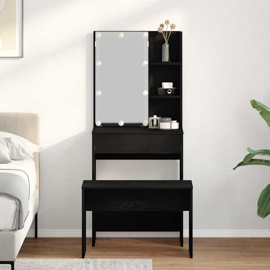 LED Sminkbord Set med låda 2 pcs Svart Ek Konstruerat trä