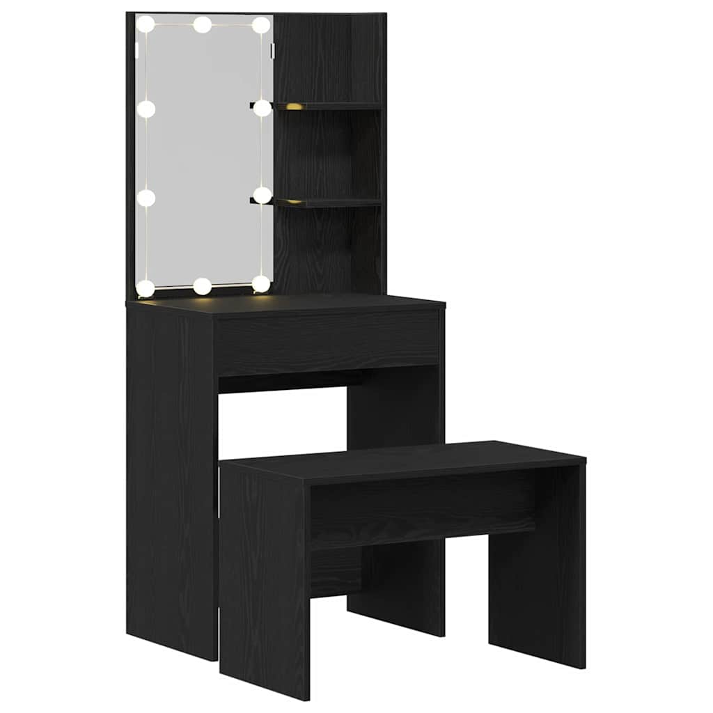 LED Sminkbord Set med låda 2 pcs Svart Ek Konstruerat trä