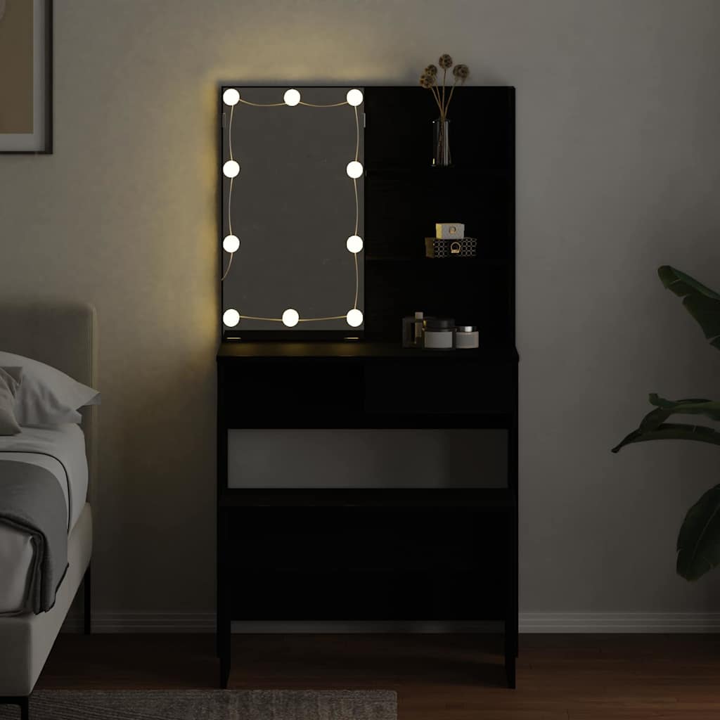 LED Sminkbord Set med låda 2 pcs Svart Ek Konstruerat trä